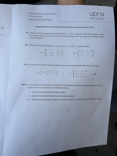 Examen de Matemáticas II de la PAU 2026 en Navarra