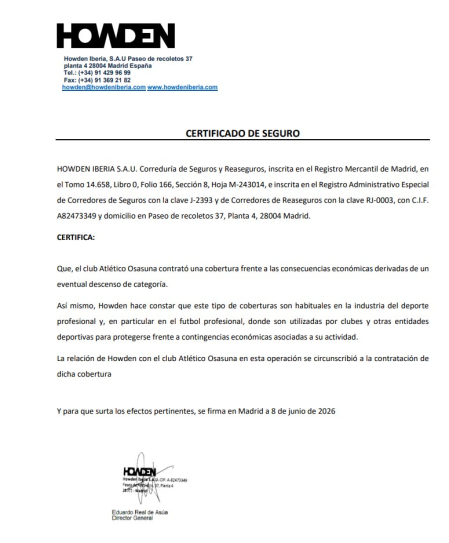 Certificado de Howden Ibérica sobre la operación
