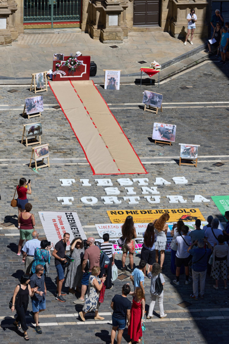 Foto de la manifestación de los activistas antitaurinos en Pamplona.