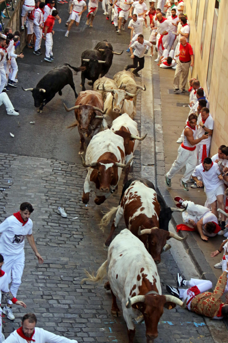 Primer encierro de San Fermín en la cuesta de Santo Domingo.