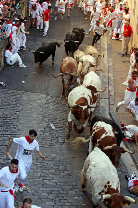 Primer encierro de San Fermín en la cuesta de Santo Domingo.