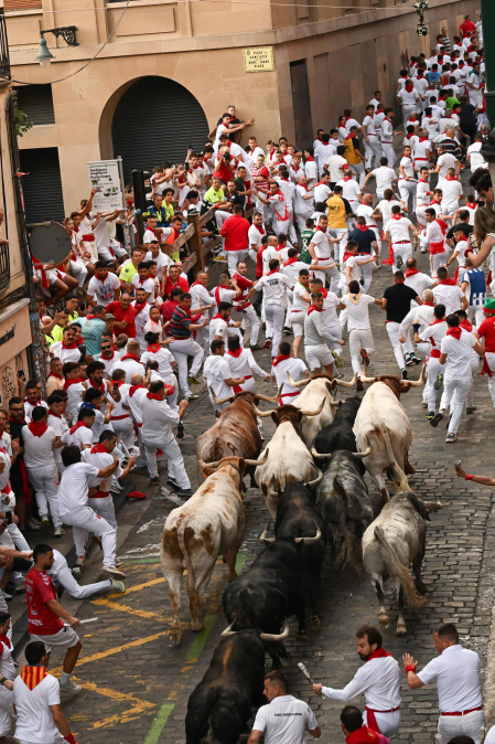 Segundo encierro de San Fermín 2026 con toros de Cebada Gago en la cuesta de Santo Domingo.