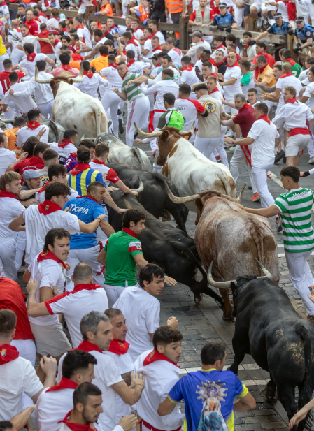 Segundo encierro de San Fermín 2026 con toros de Cebada Gago en la calle Estafeta.