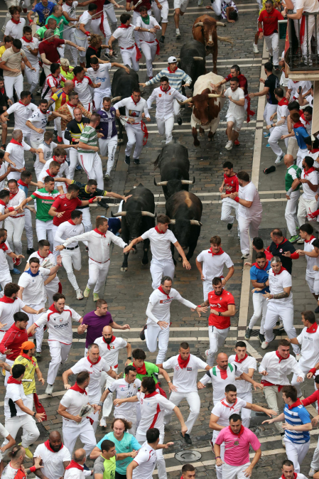 Fotos del séptimo encierro de San Fermín 2026 con toros de Miura en el tramo de Telefónica.