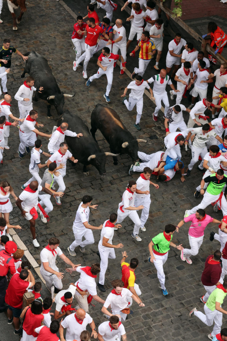 Fotos del séptimo encierro de San Fermín 2026 con toros de Miura en el tramo de Telefónica.