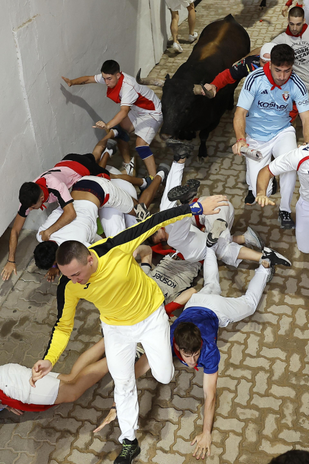 Fotos del séptimo encierro de San Fermín 2026 con toros de Miura.