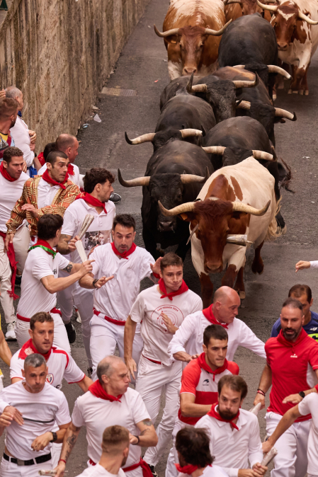 Fotos del séptimo encierro de San Fermín 2026 con toros de Miura en la cuesta de Santo Domingo.
