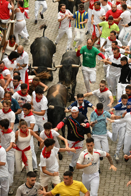 Fotos del séptimo encierro de San Fermín 2026 con toros de Miura en la bajada al callejón.
