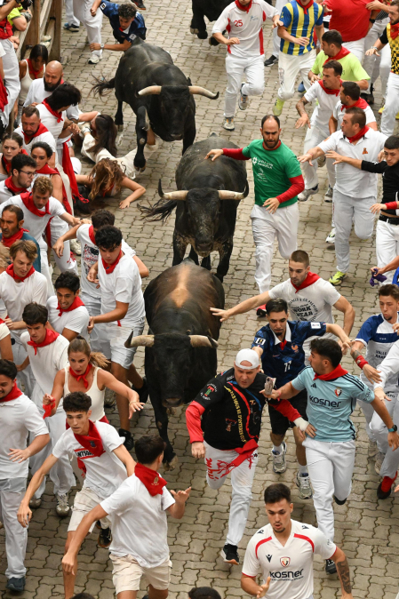 Fotos del séptimo encierro de San Fermín 2026 con toros de Miura en la bajada al callejón.