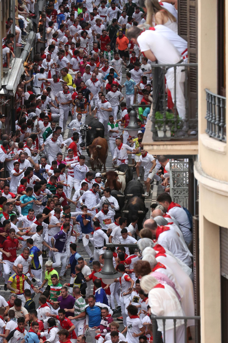 Fotos del séptimo encierro de San Fermín 2026 con toros de Miura en el tramo de Telefónica.