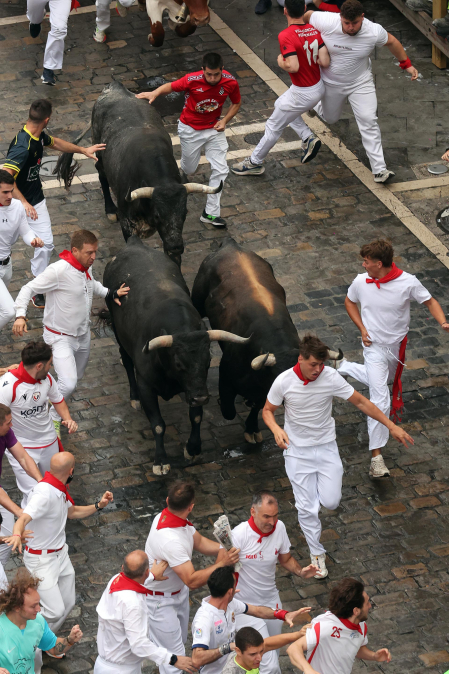 Fotos del séptimo encierro de San Fermín 2026 con toros de Miura en el tramo de Telefónica.