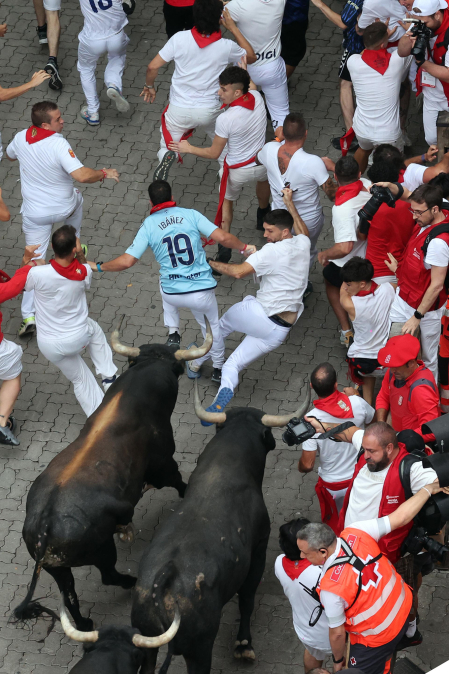 Fotos del séptimo encierro de San Fermín 2026 con toros de Miura en el tramo de Telefónica.