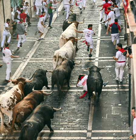 Fotos del octavo encierro de San Fermín 2026 con toros de la ganadería de Jandilla en Mercaderes.