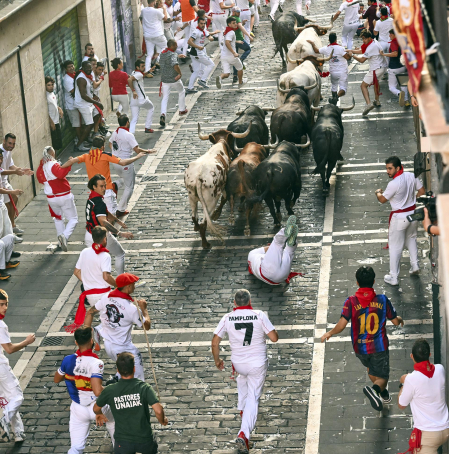 Fotos del octavo encierro de San Fermín 2026 con toros de la ganadería de Jandilla en Mercaderes.