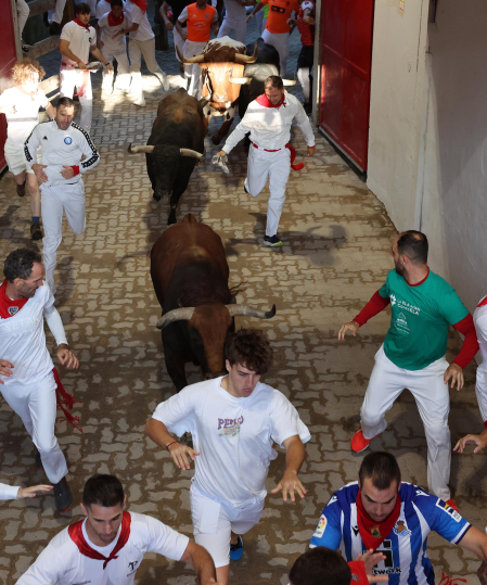 Fotos del octavo encierro de San Fermín 2026 con toros de la ganadería de Jandilla en el callejón.