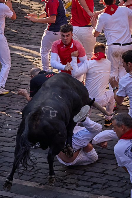 Fotos del octavo encierro de San Fermín 2026 con toros de la ganadería de Jandilla en la plaza del Ayuntamiento.