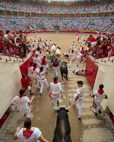 Fotos del octavo encierro de San Fermín 2026 con toros de la ganadería de Jandilla en la bajada al callejón.