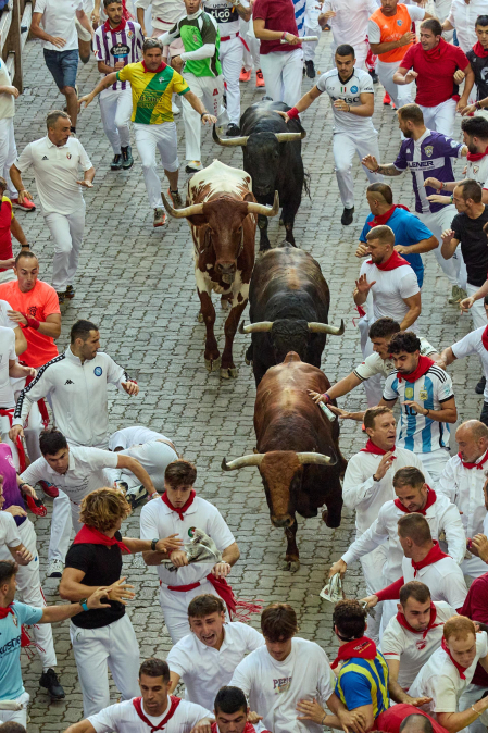 Fotos del octavo encierro de San Fermín 2026 con toros de la ganadería de Jandilla en la bajada al callejón.