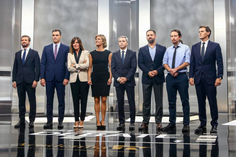 Pedro Sánchez (PSOE), Pablo Casado (PP), Pablo Iglesias (Unidas Podemos), Alberti Rivera (Ciudadanos) y Santiago Abascal (VOX) protagonizaron el único debate entre los candidatos en la campaña electoral de las elecciones generales que se celebran el 10 de noviembre de 2019.