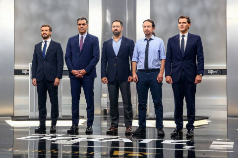Pedro Sánchez (PSOE), Pablo Casado (PP), Pablo Iglesias (Unidas Podemos), Alberti Rivera (Ciudadanos) y Santiago Abascal (VOX) protagonizaron el único debate entre los candidatos en la campaña electoral de las elecciones generales que se celebran el 10 de noviembre de 2019.