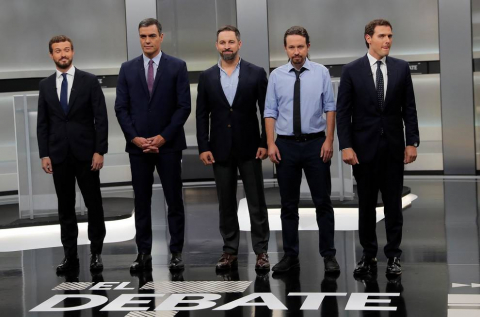 Pedro Sánchez (PSOE), Pablo Casado (PP), Pablo Iglesias (Unidas Podemos), Alberti Rivera (Ciudadanos) y Santiago Abascal (VOX) protagonizaron el único debate entre los candidatos en la campaña electoral de las elecciones generales que se celebran el 10 de noviembre de 2019.