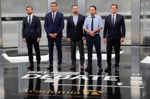 Pedro Sánchez (PSOE), Pablo Casado (PP), Pablo Iglesias (Unidas Podemos), Alberti Rivera (Ciudadanos) y Santiago Abascal (VOX) protagonizaron el único debate entre los candidatos en la campaña electoral de las elecciones generales que se celebran el 10 de noviembre de 2019.
