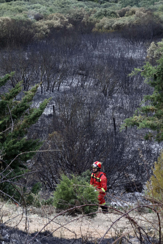 Fotos de los incendios en Navarra este lunes. Los bomberos trabajan en la extinción del incendio de la sierra del Perdón.