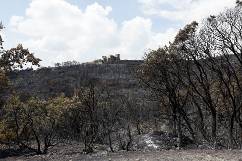 Fotos de los incendios en Navarra este lunes. Viviendas y montes quemados en Arguiñáriz.