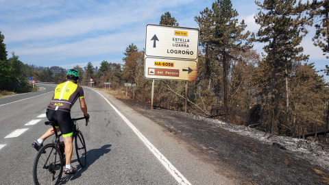 Efectos del fuego en la carretera que lleva al alto del Perdón desde Astráin.