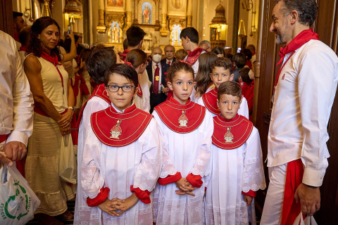 La Comparsa de Gigantes y Cabezudos, en las calles de Pamplona el 7 de julio 2022.
