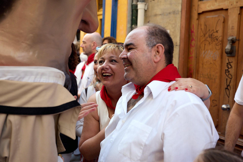 La Comparsa de Gigantes y Cabezudos, en las calles de Pamplona el 7 de julio 2022.