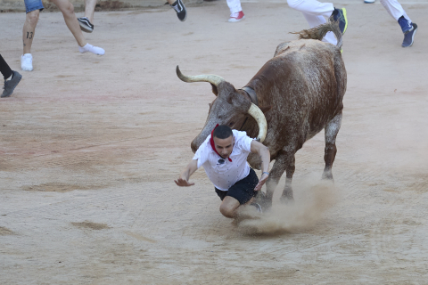 Imagen del mozo arrollado por los Victoriano del Río tras levantarse en el ruedo de la plaza de toros en el séptimo encierro