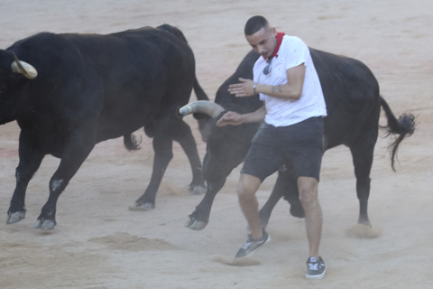 Imagen del mozo arrollado por los Victoriano del Río tras levantarse en el ruedo de la plaza de toros en el séptimo encierro