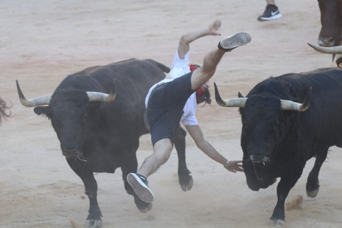 Imagen del mozo arrollado por los Victoriano del Río tras levantarse en el ruedo de la plaza de toros en el séptimo encierro