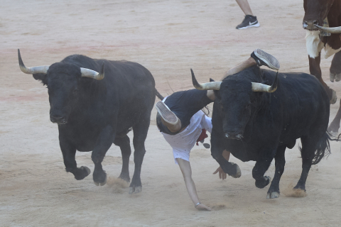 Imagen del mozo arrollado por los Victoriano del Río tras levantarse en el ruedo de la plaza de toros en el séptimo encierro