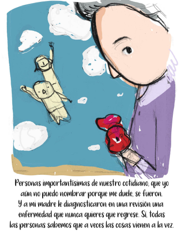Cómic de Myriam Cameros que subió a su Instagram con el episodio que tuvo su madre, Mari Carmen Sierra Castillo, con el osasunista Ante Budimir.
