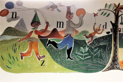 Dibujos de la artista 'Pitti' Bartolozzi en el aula de Maristas, despegados para su traslado a civivox Ensanche.