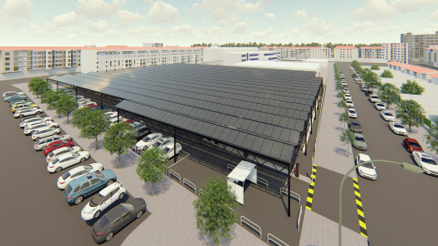 Recreación de la instalación fotovoltaica en el aparcamiento junto a Cardenal Ilundáin en Pamplona./