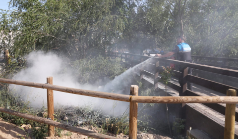 Bomberos de Navarra y agentes de la Policía Municipal de Tudela trabajan en la extinción del fuego declarado en la desembocadura del río Mediavilla