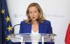 La ministra de Asuntos Económicos y Transformación Digital, Nadia Calviño durante la rueda de prensa tras su encuentro con los máximos representantes de las patronales bancarias y grandes entidades