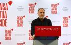 El presidente y candidato de UPN al Gobierno navarro, Javier Esparza, durante la rueda de prensa de este miércoles