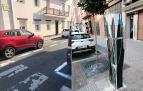 Ayer, aparecieron repintadas en blanco plazas azules (imagen izquierda) o daños en los expendedores (derecha) de la Txantrea