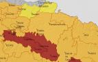 Mapa con los avisos rojo, naranja y amarillo por altas temperaturas en Navarra para el día 16 a las 16 horas