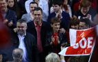 Santos Cerdán, Pedro Sánchez y María Chivite, en el Pabellón Navarra Arena, donde protagonizó un mitin el secretario general del PSOE.