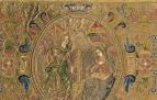 La Anunciación, detalle del terno bordado por las Carmelitas de San José de Pamplona para el monasterio de Fitero, segundo cuarto del siglo XVII