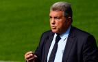 El presidente del FC Barcelona, Joan Laporta, en la presentación del sistema Kuppel de seguridad aérea, tras la cual aseguró que "en breve" dará "todas las explicaciones necesarias", respecto al caso Negreira