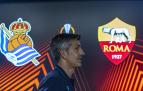 El técnico de la Real Sociedad, Imanol Alguacil, antes de dar la rueda de prensa previa al encuentro de vuelta de Europa League contra la Roma.