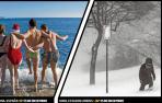 En la izquierda, un grupo de personas disfruta en la playa de Barcelona el 25 de diciembre. En la derecha, en Iowa, Estados Unidos, una persona intenta caminar en la nieve