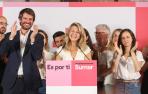 Yolanda Díaz, durante su comparecencia en la sede de SUMAR en Madrid tras conocerse los resultados de las elecciones junto a Ione Belarra