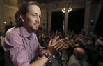 El líder de Podemos, Pablo Iglesias, durante la presentación de su libro 'Disputar la democracia'.